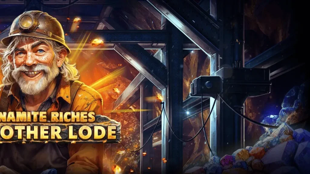 Tampilan antarmuka seluler dari game slot Dynamite Riches The Mother Lode dengan latar belakang tambang emas.